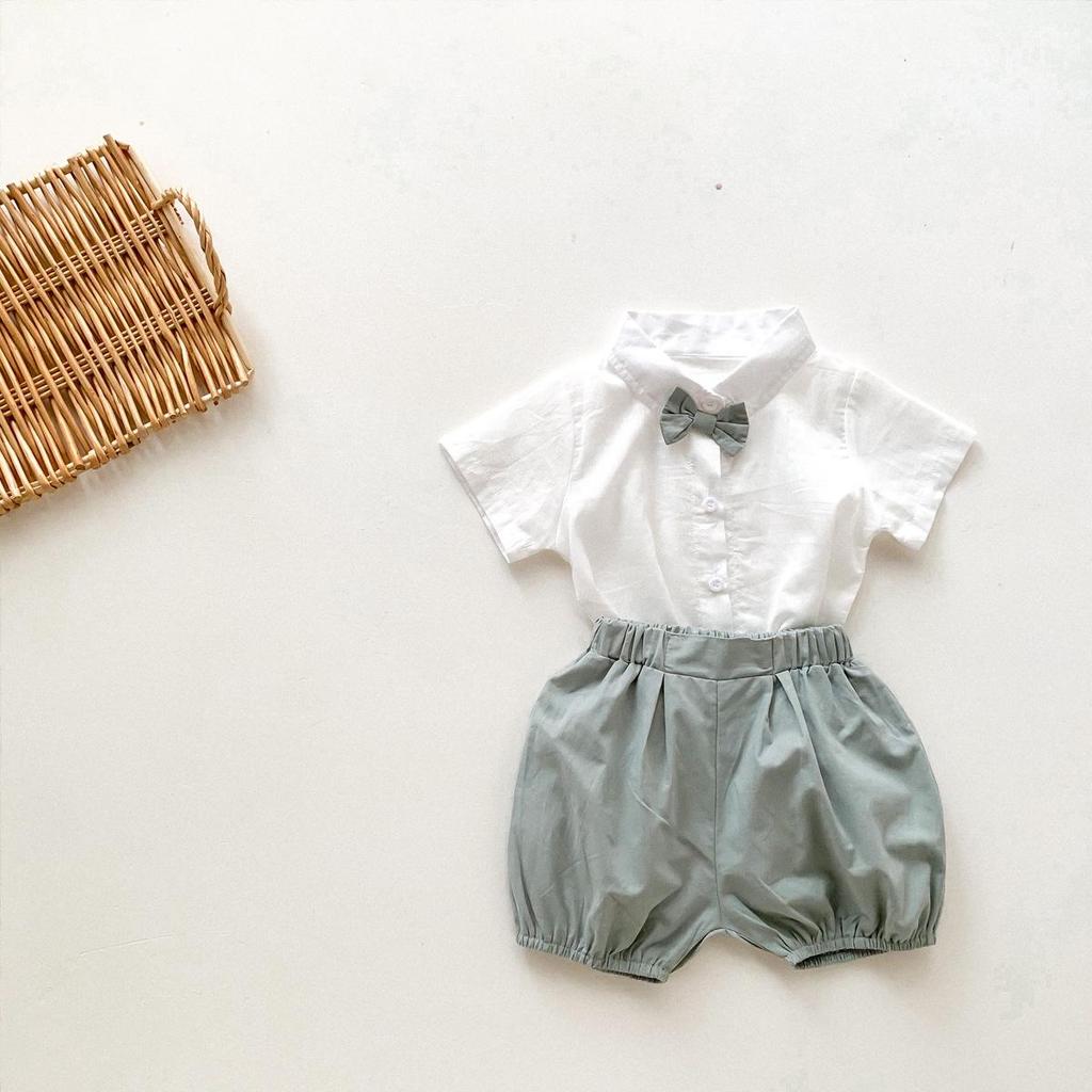 Summer Formal Korean Boys' Suit with Bow Tie: Infant 0-4Y Short Sleeve Shirt & Shorts - Perfect for First Birthday