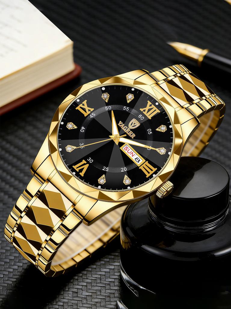 Business Fashion Stainless Steel Men's Roman Luminous Quartz Watch A Birthday Gift for Him Suitable for Daily Wear
