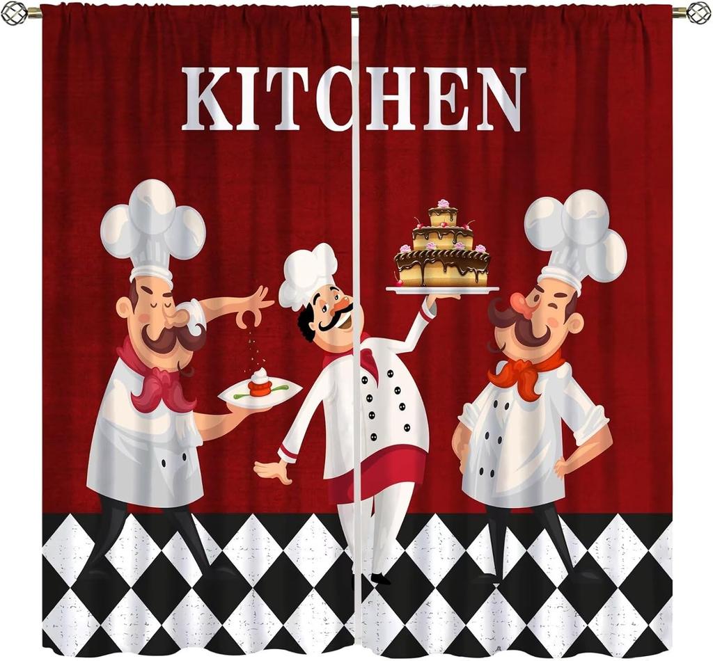 Chef Window Curtains, Fat Funny Cook Theme Curtains For Bedroom & Living Room, Red Black Buffalo Check Plaid Kitchen Drape