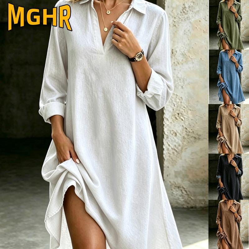 MGHR Moda Feminina Outono Inverno Cor Sólida Estampa Decote V Manga Longa Vestidos Casuais