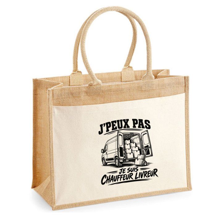 Sac Cabas Jute avec Poche J’peux pas je suis Chauffeur livreur J'peux pas minimaliste | Toile de Jute et Coton 21 L Fond Plat Anses