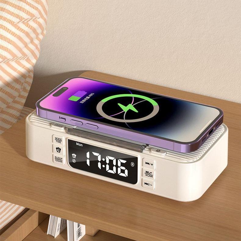 Wireless Charging Bluetooth Speaker Clock FM Radio Night Light Electric Dual Speaker Loud Alarm Clock USB and Type-C port Charing for phone