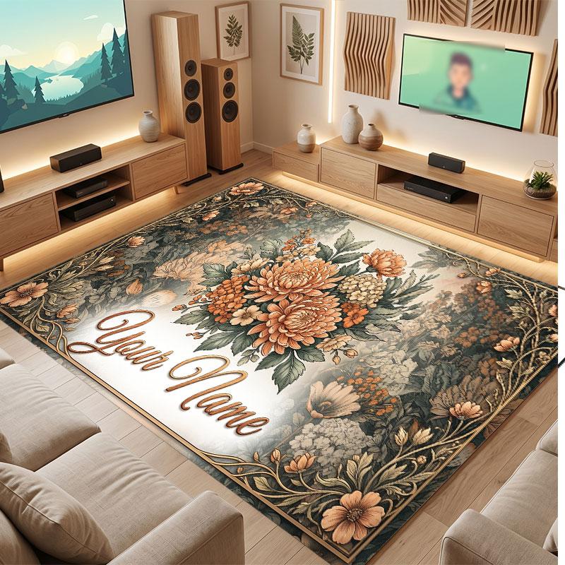 Floral Garden Theme Crystal Velvet Floor Rug Personalized Custom Name Text Warm Carpet Home Decoration