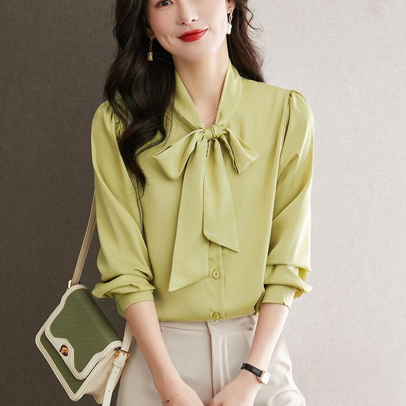 Blue Bowknot Shirt With Satin Fabric And Tie Detail For Office Women