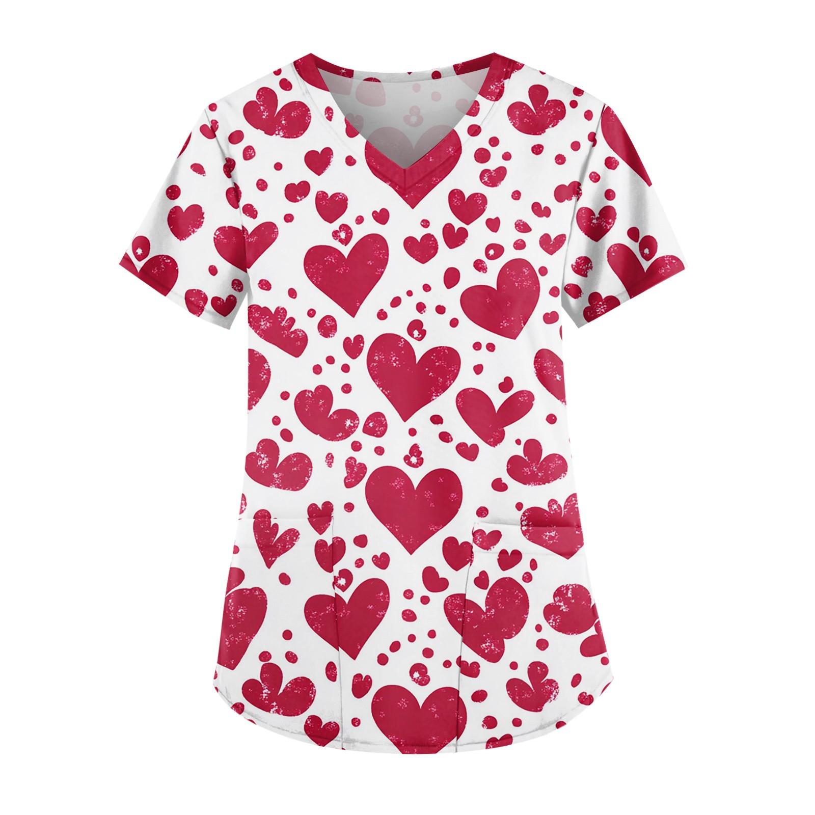 

Women s Cute Printed Work Clothes V-neck Double Layer Pockets Basic Short Sleeve Top Pullover Christmas XL кавун червоний колір