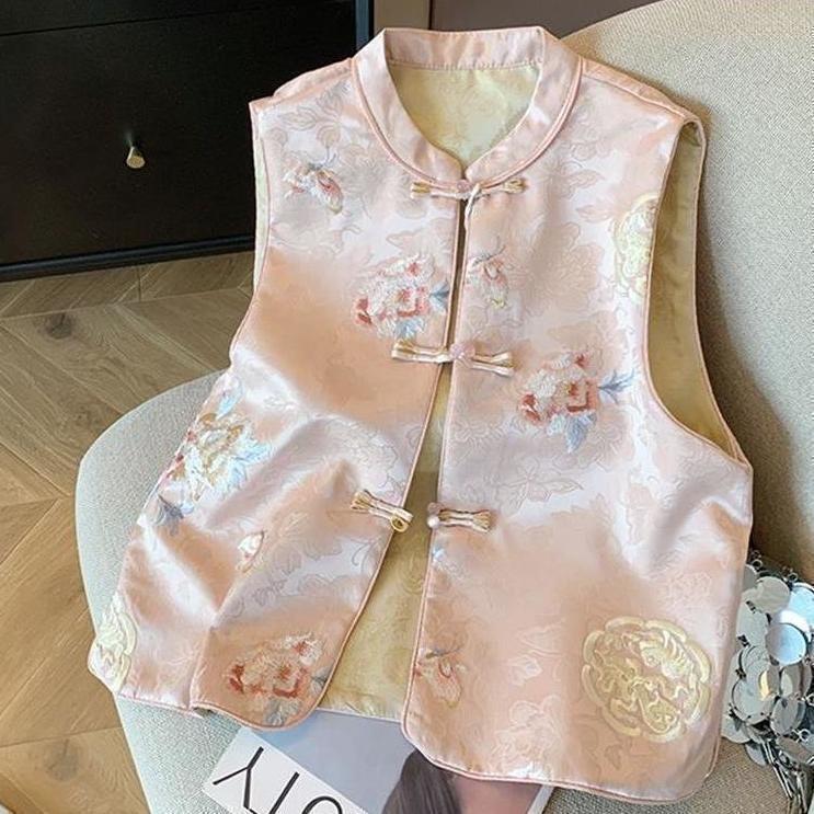 

Женский жилет весна-осень 2025 новый ретро вышитый жилет без рукавов с пряжкой 3XL (recommended 138-75kg) розовый