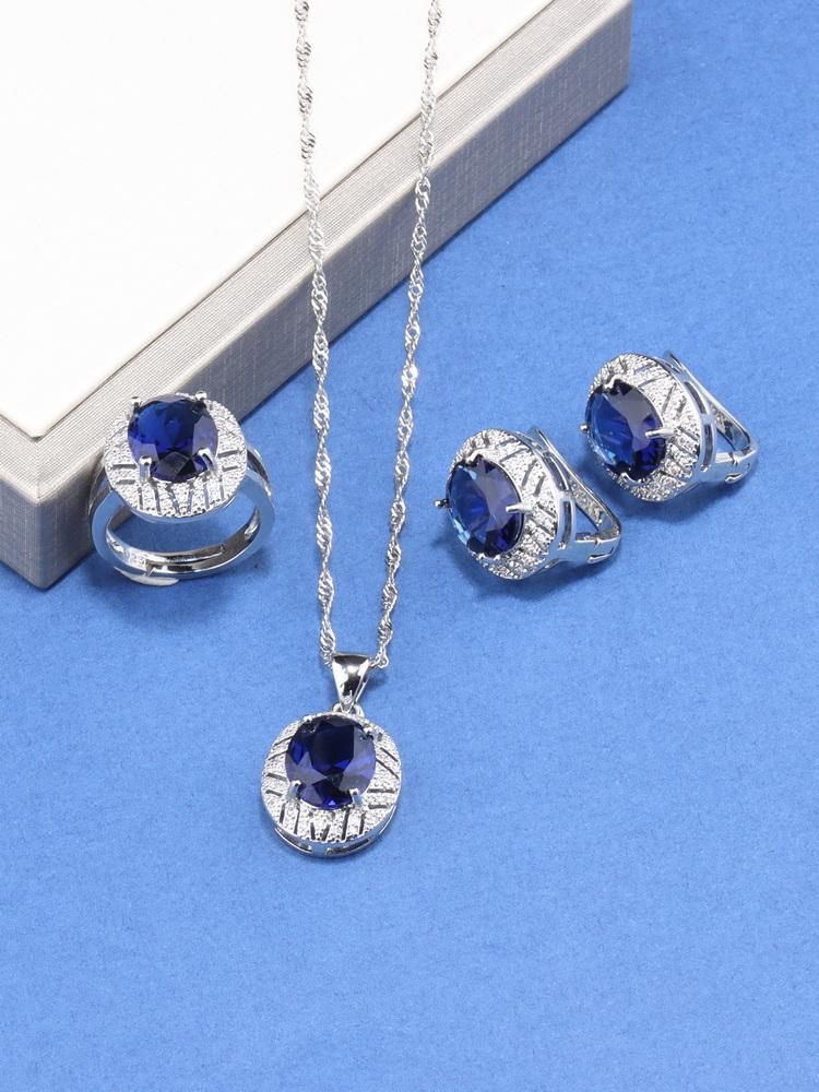 Braut Hochzeit Große Schmuckaccessoires Mit Natürlichem Zirkonia Blau Hängeclip-Ohrringe Und Ring-Set Für Frauen Geschenk