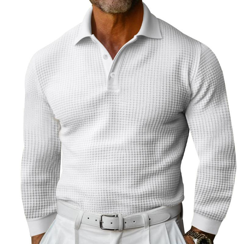 New Men's T-shirt Waffle Collar Button Slim Long Sleeve Polo Shirt