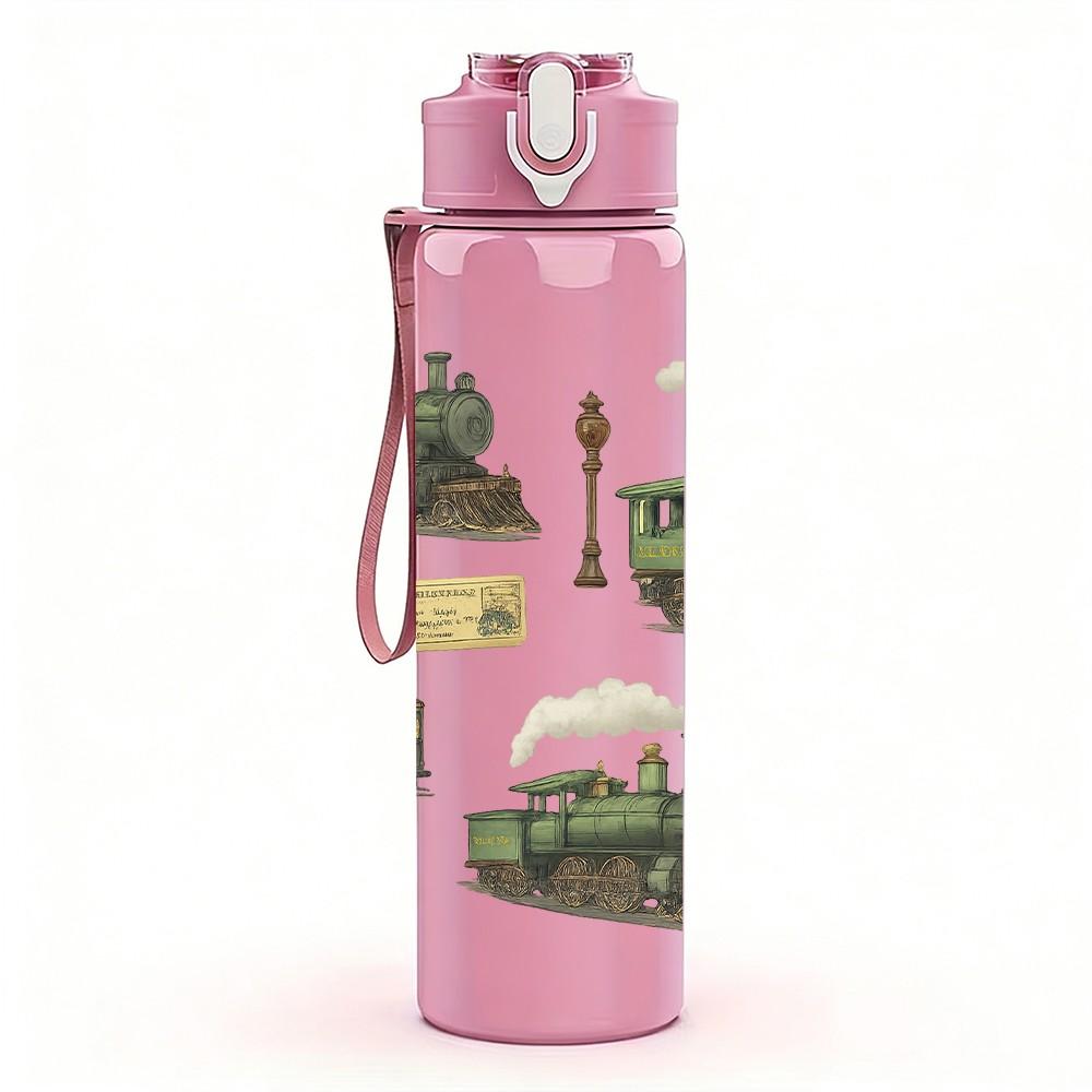 1PC Vintage Steam Train Set 750ml Color Plastic Sports Water Bottle Leakproof Flip Straw Lid Suitable for Sports Office Home Use