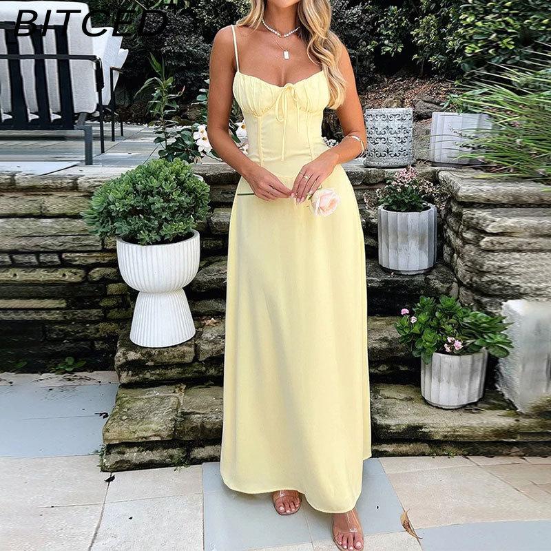 BITCED Women's Elegant Lace-Up A-Line Solid-Colour Midi Dress