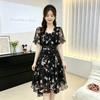 Printed V-neck chiffon dress, strap waist irregular skirt, daily commuting temperament medium and long skirt children
