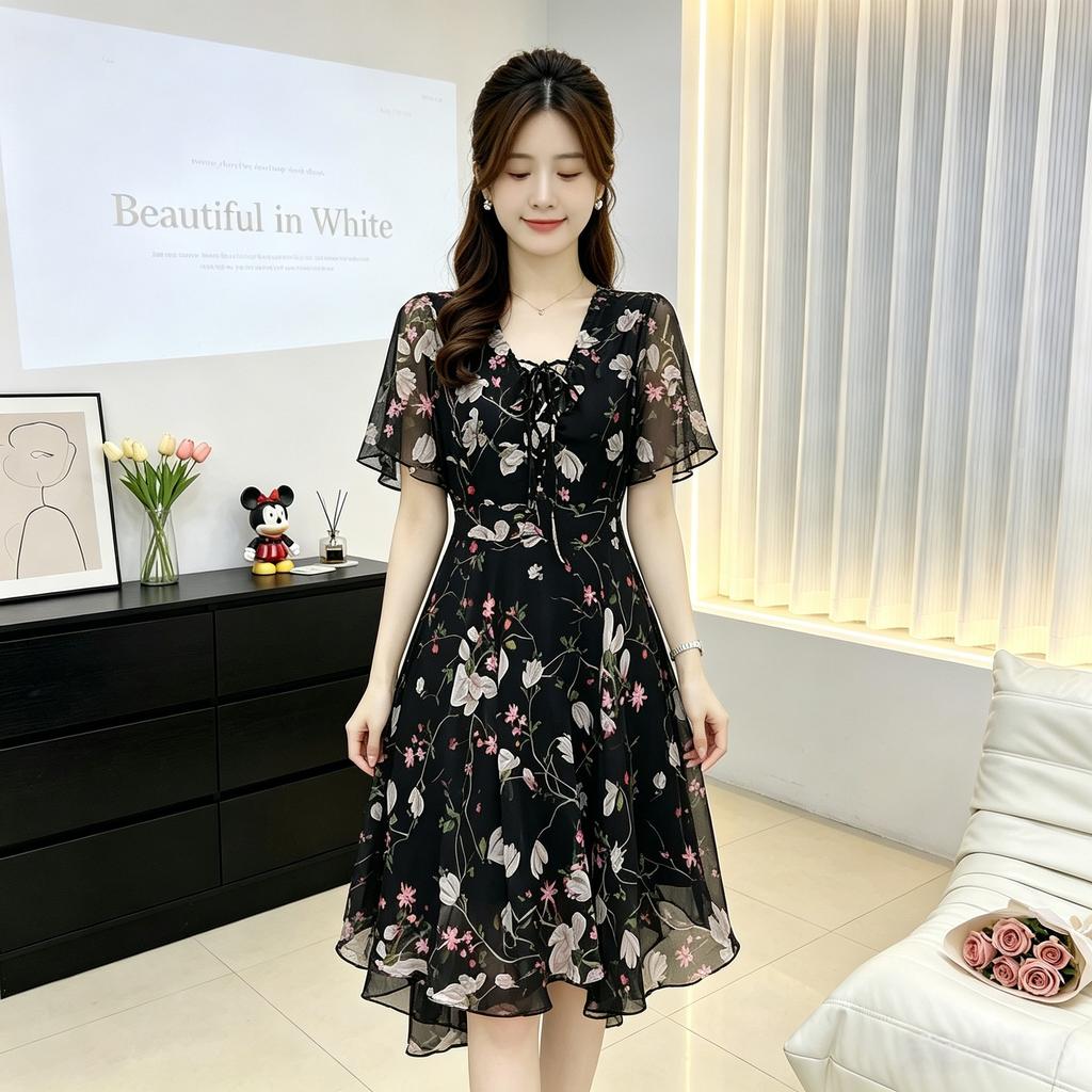 Printed V-neck chiffon dress, strap waist irregular skirt, daily commuting temperament medium and long skirt children