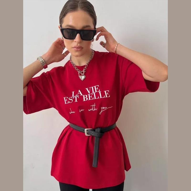 Enkel T-shirt i bomull med tryckta bokstäver för dam Vår Sommar Lös O-hals Kortärmad T-shirt Dam Mode Street Mångsidig Topp