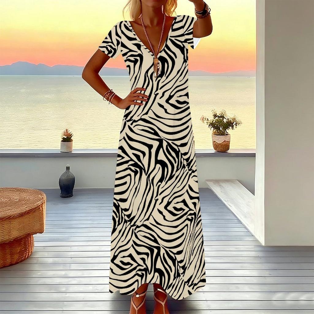 Women Plus Size V Neck Short Sleeve Maxi Dress Gradient Pink Leopard Print Loose Summer Beach Long Dress