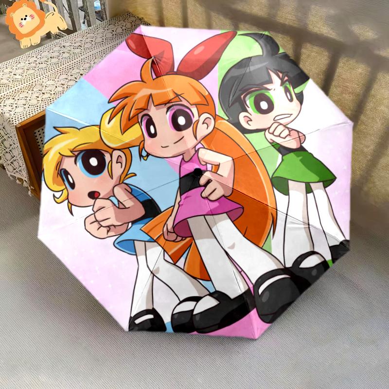 1PC The Powerpuff Girls Umbrella Portable Folding Umbrella Iron Frame Hole Bone Structure Outdoor Home Umbrella A4