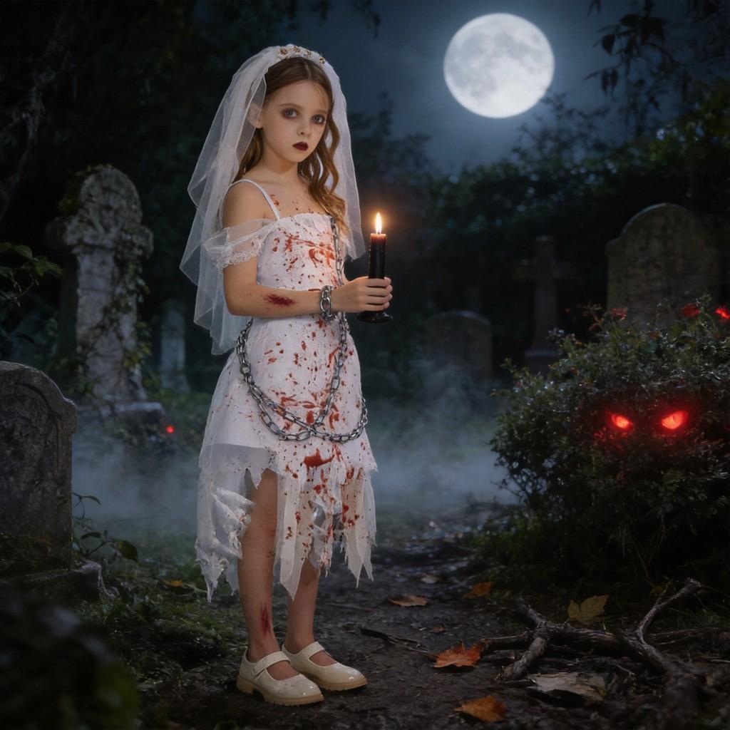 Costume Strega Fantasma Sposa di Halloween per Bambine con Pizzo Rete e Stampa per Festa Bambini
