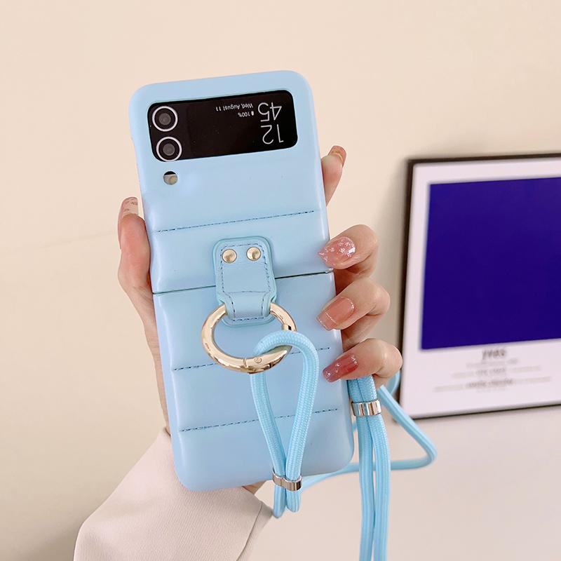 Down Jacket Air Cushion Ring Holder Shoulder Strap Lanyard PU Leather Phone Cover For Samsung Galaxy Z Flip 5 4 Z Flip 3 5 5G Case