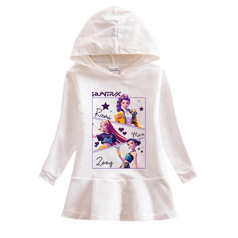 Kpop Demon Hunter Girl Cartoon Rainbow Ruffle Dress – Long Sleeve Hooded Princess Dress for Spring/Autumn