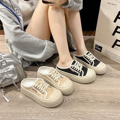 Thick Bottom Toe Cap Half Slippers Women's Outdoor Wear Summer New White Shoes Canvas Shoes Sandals Ins Fashion