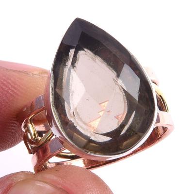 Natural Smoky Quartz Gemstone 925 Sterling Silver Jewelry Two Tone Ring S.7 s0S27