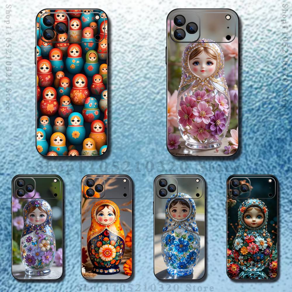 Russian Doll Matryoshka Phone Case For iPhone 17,16,15,14,13,12,Pro,Max,Plus,E,SE4,Air,Mini Black Soft Box