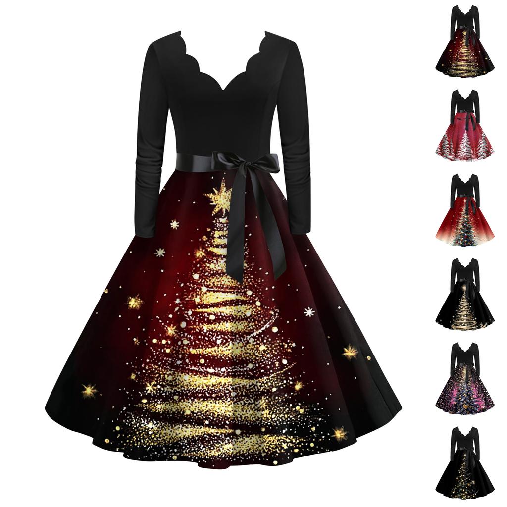 Women's Fashion Elegant Autmn and Winter Long Sleeve V-Neck Christmas Print Dress