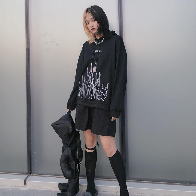 Wiosna Jesień Zima Street Hip Hop Retro Płomień Druku Luźny Aksamitny Sweter Z Kapturem Damskie Topy