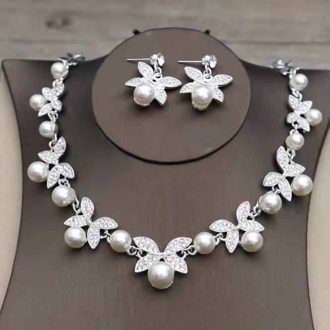 Korean Bridal Necklace & Earrings Set - Rhinestone & Pearl Wedding Accessories