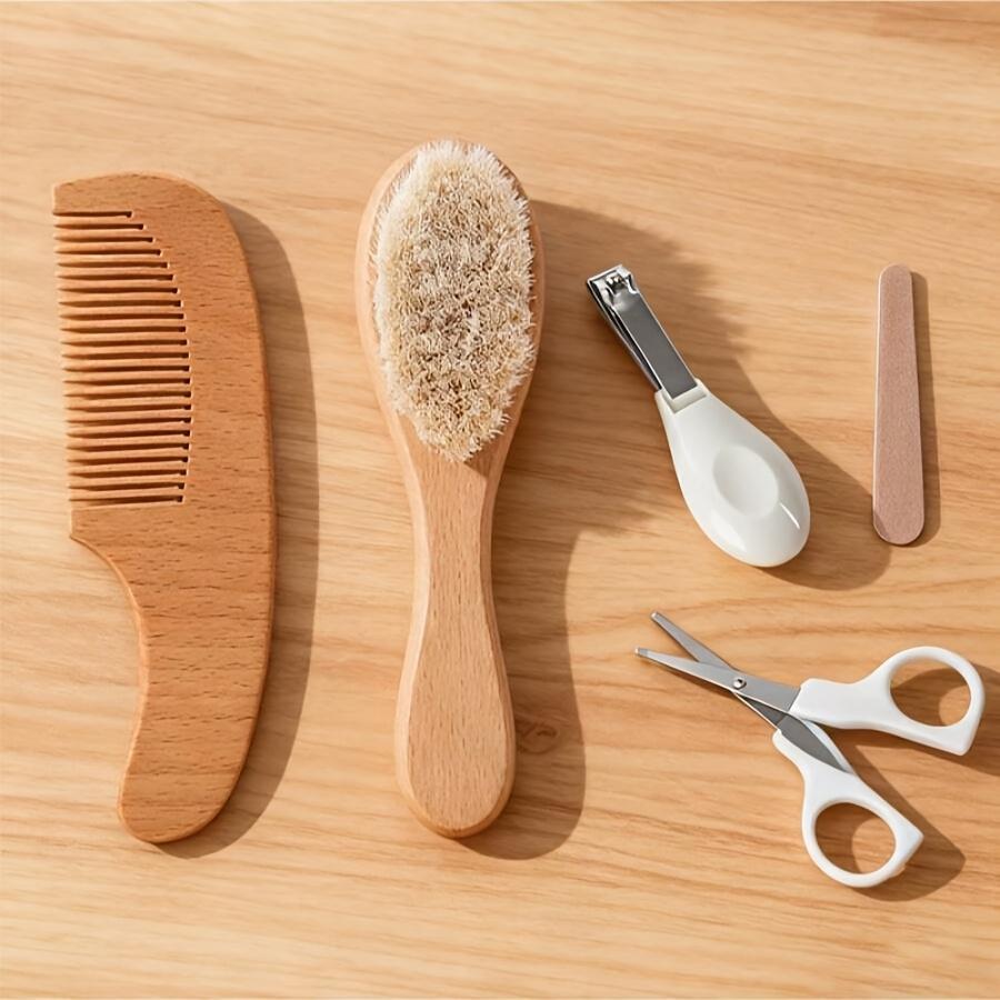 Set Pennello per Bambino - Pulizia Cuoio Capelluto Neonato Spazzola Morbida - Legno di Faggio Tagliaunghie per Bagnetto e Massaggio Forbicine per Unghie Lima per Unghie