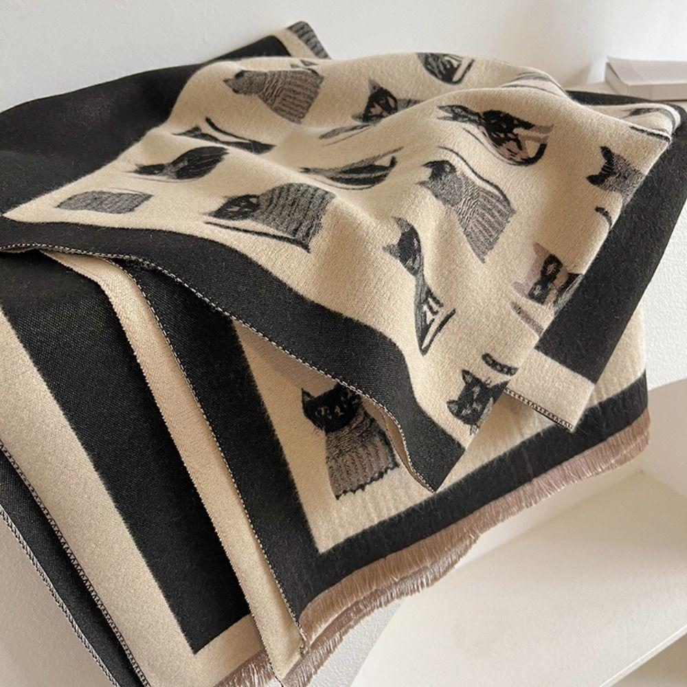 Thickened Kitty Jacquard Weave Scarf Lightweight Cashmere Shawl Trendy Cat Knitted Scarf  Unisex