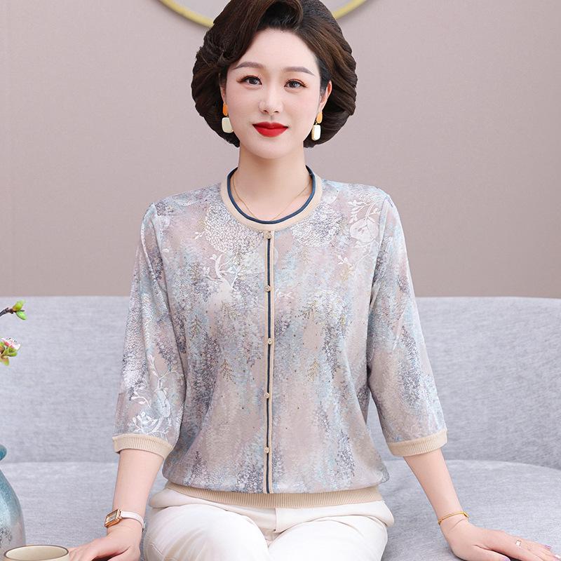 

Chinese Style Knit T-shirt for Middle-aged & Elderly Women - Ice Silk Summer Top 4XL (recommended 135-150 jin) синій