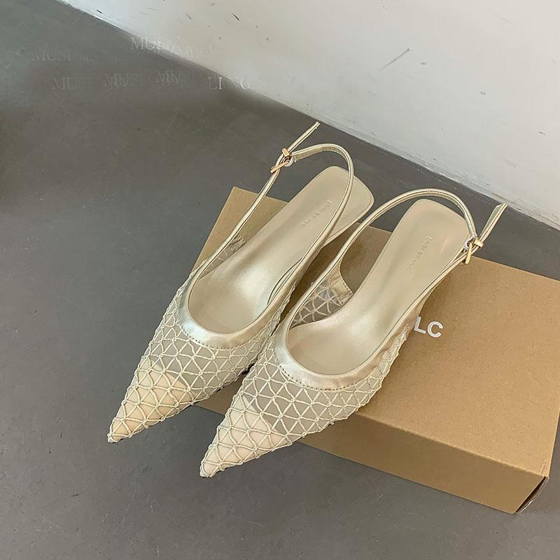 Fashion Fashion Pointed Toe Elegant Women Low Heel Sandals Shoes Spring Summer Mesh Breathable Ladies Heeled Sandals Shoes Female Pumps