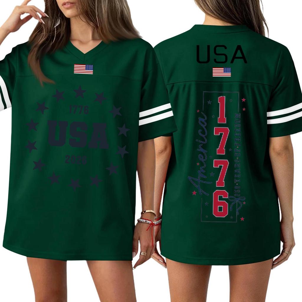 Womens Short Sleeve V Neck Oversized T Shirt 1776 2026 USA Letter Print Loose Fit Top Flag Graphic Tee