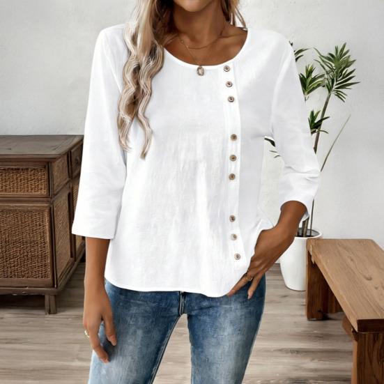 Damen T-Shirt Rundhals Halbarm Lockerer Schnitt Pullover Oberteile Einfarbige Knöpfe Dekoration Sommer Lässige Oberteile Tägliche Kleidung