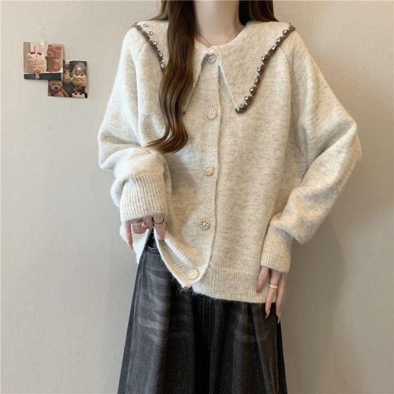 Women's Korean Style Casual Doll Collar Sweater Jacket Loose Beaded Sweater Cardigan Top