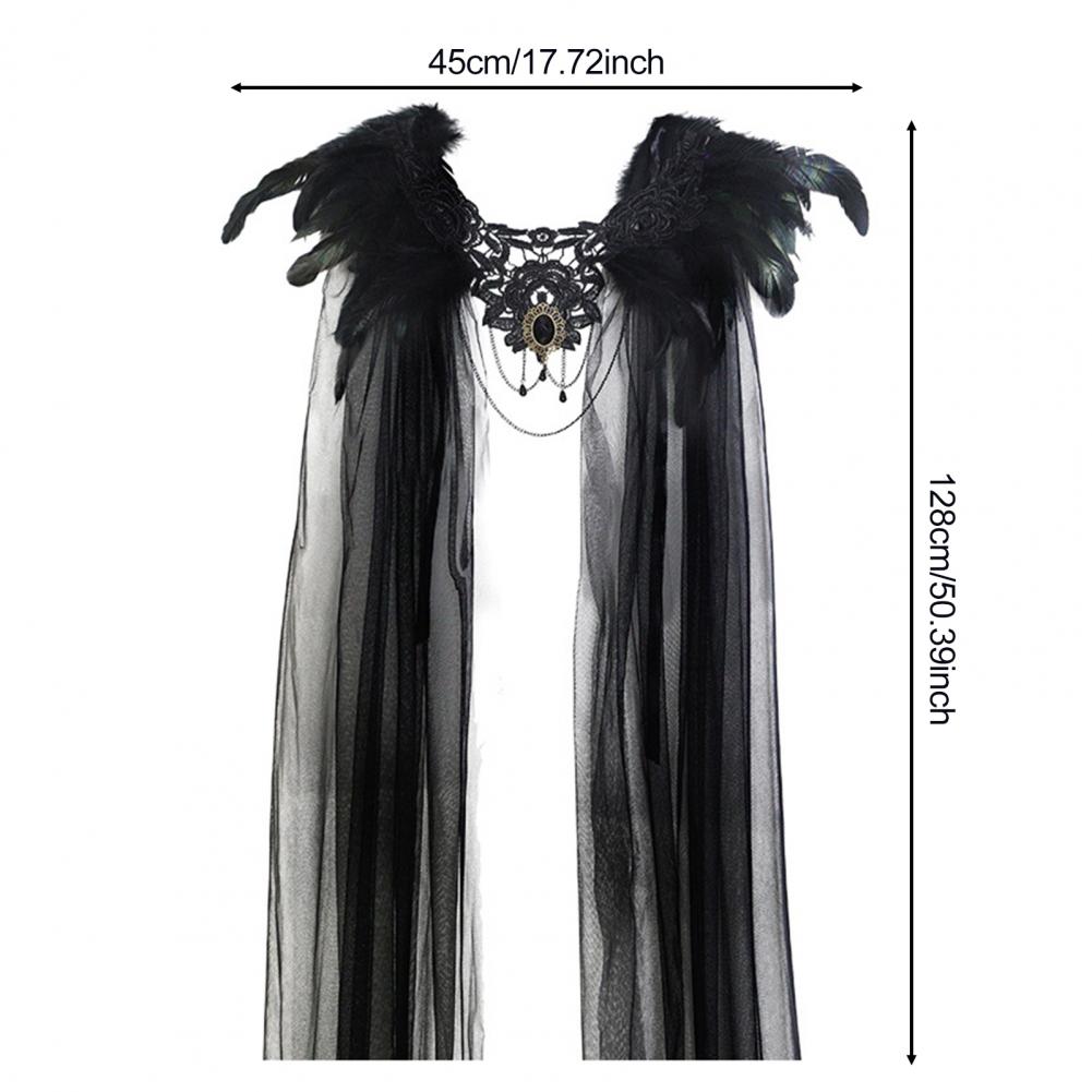 Design Black Yarn Black Tulle Draped Veil Black Feathered Shoulder Wrap Cape with Lace Collar Tulle Veil for Women for Halloween