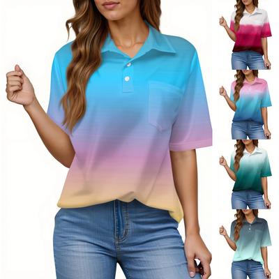 Women's Fashion Casual Button Pocket Shirt Short Sleeve Print Lapel Top