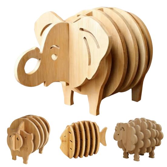 Wooden Trivet Coaster Set Creative Animal-Shaped Heat-Resistant Placemats for Cups Pots Stackable Versatile Desk Decor for Home Kitchen Outdoor Dining