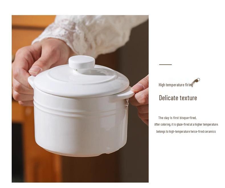 Double-Eared Insulated Ceramic Stewing Pot with Lid for Soups and Egg Custard