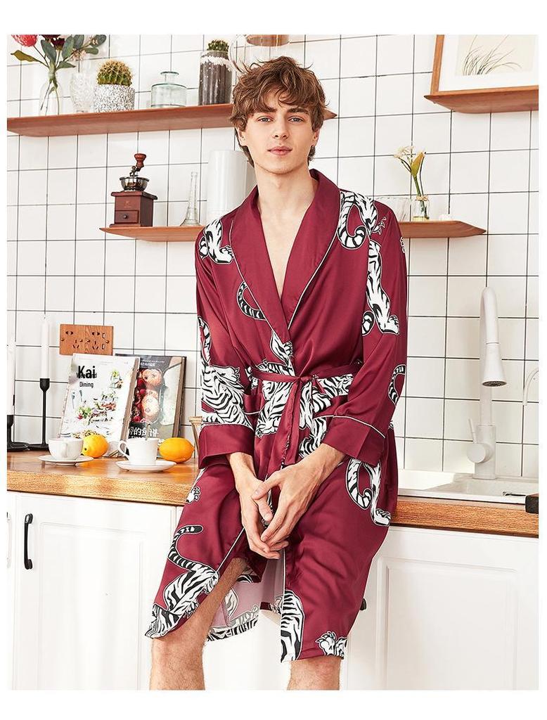 Yaoting Men's Long Sleeve Silk Pajamas and Robe Set, Ice Silk Fabric, WP032