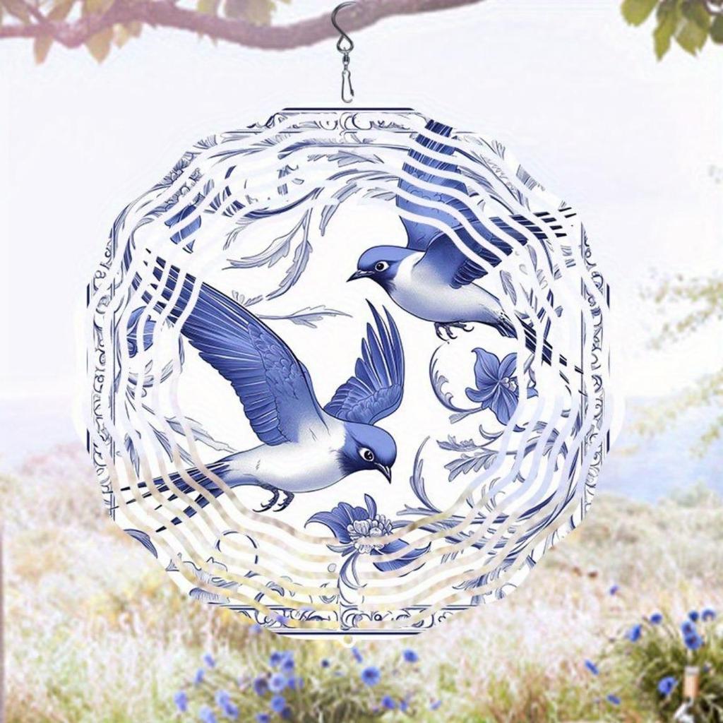 Hand Painted Blue Floral Swallow Wind Chime Outdoor Garden Patio Decor Weatherproof 2D Art with 360 Rotating Hook Holiday Decoration