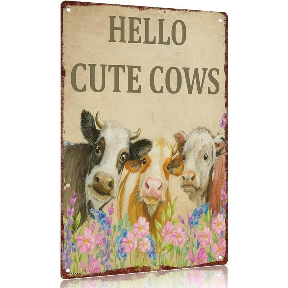 Vintage Metal Sign Hello Cute Cows Decorative Sign Aluminum Wall Art 12x8inch for Farmhouse Kitchen Bedroom Office Signs