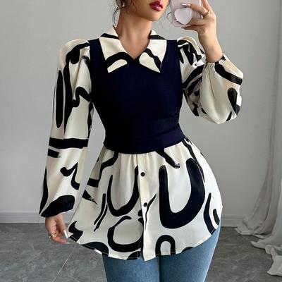 Langarmshirt im Urlaubs- und Freizeitstil mit Patchwork-Print für Damen im Sommer