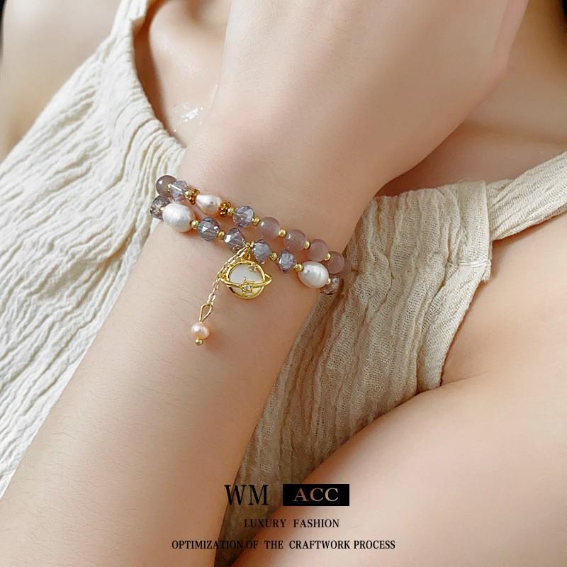 Layered Cats Eye Stone Pearl Bracelet Women Irregular Geometric Design Gold Pink Tone Lightweight Luxury Fashion Accessory