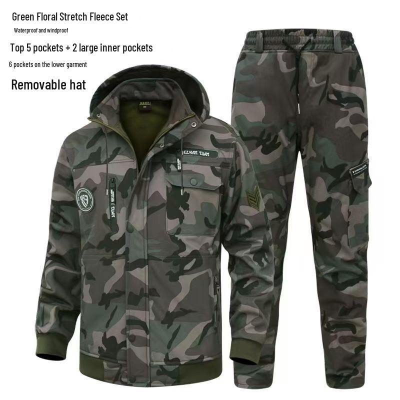 Men's Fleece-Lined Camouflage Workwear Set - Thick, Warm, Dirt & Wear-Resistant, Cold-Proof Cotton for Autumn/Winter.