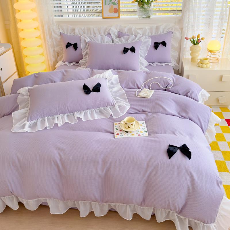 Class A Maternal And Infant Grade Girl Wind Princess Wind Seersucker Bed 4Pcs Set Of Bubble Cotton Lace Four Pieces
