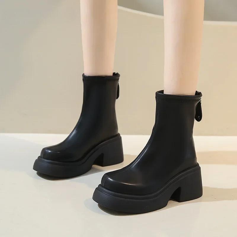 High Quality Thick Bottom Ankle Boots for Women Spring Autumn Fashion Black White Women's Shoes New High Heels Botas Para Mujer