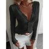 Women V-Neck Lace Patchwork Striped Cardigan Long Sleeve Casual T-Shirt Top