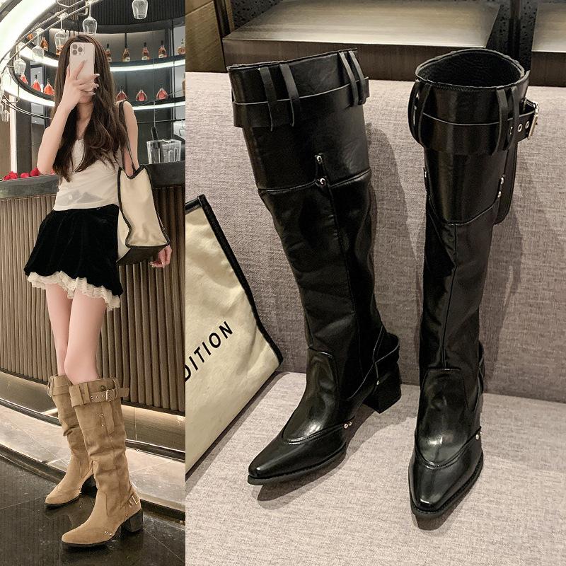 But Knee Boots Women's 2025 Autumn and Winter Khaki Suede Pointed Boots Children Thick Heel Thin Pleated Piled Boots