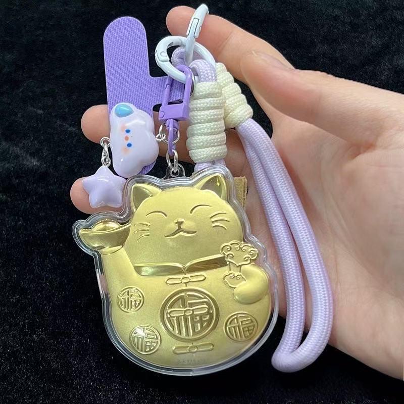 Shuibei 999 Fine Gold Lucky Cat Wealth Ingot Mobile Phone Lanyard & Bag Pendant